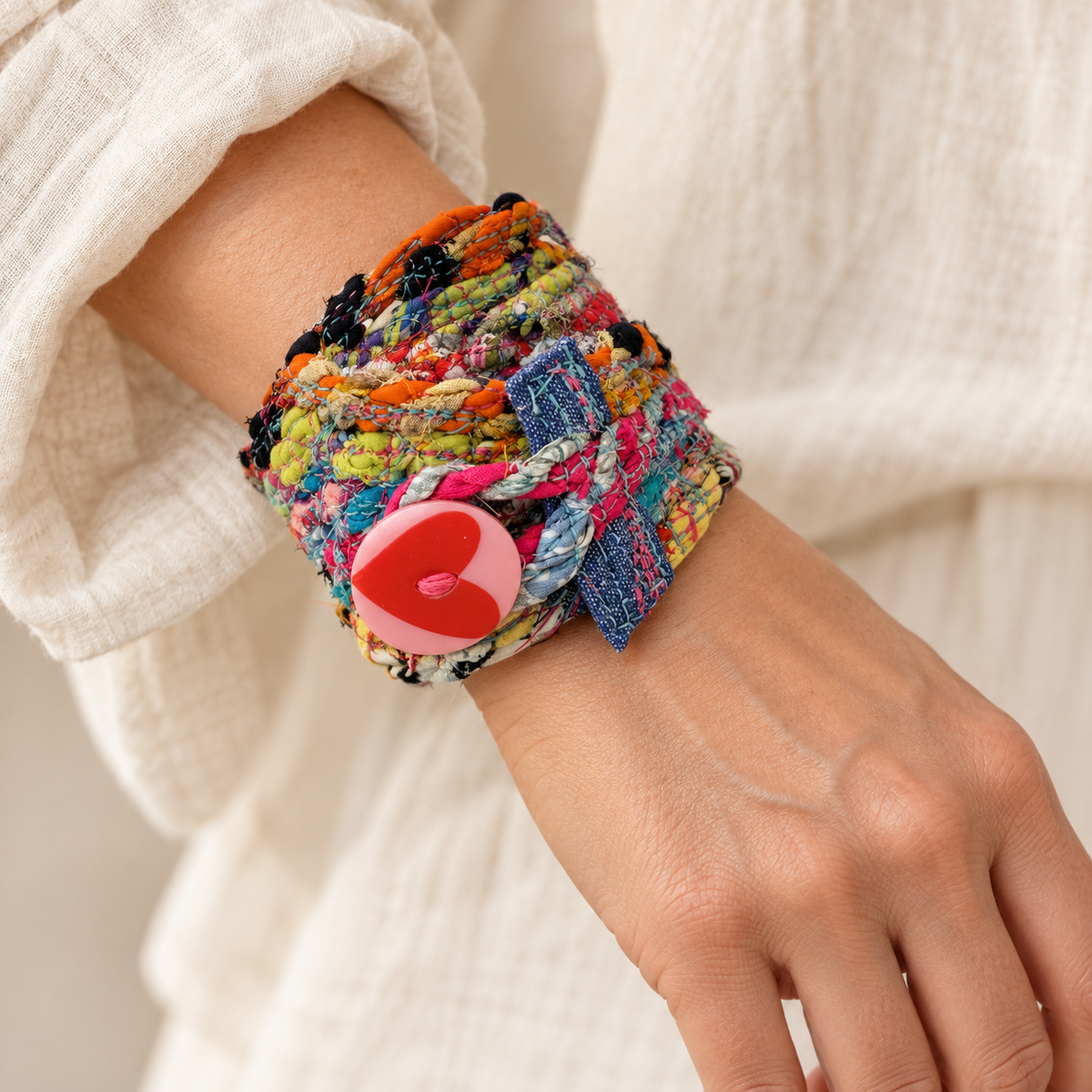 Illustrative styling image of a colorful textile cuff on an adult wrist